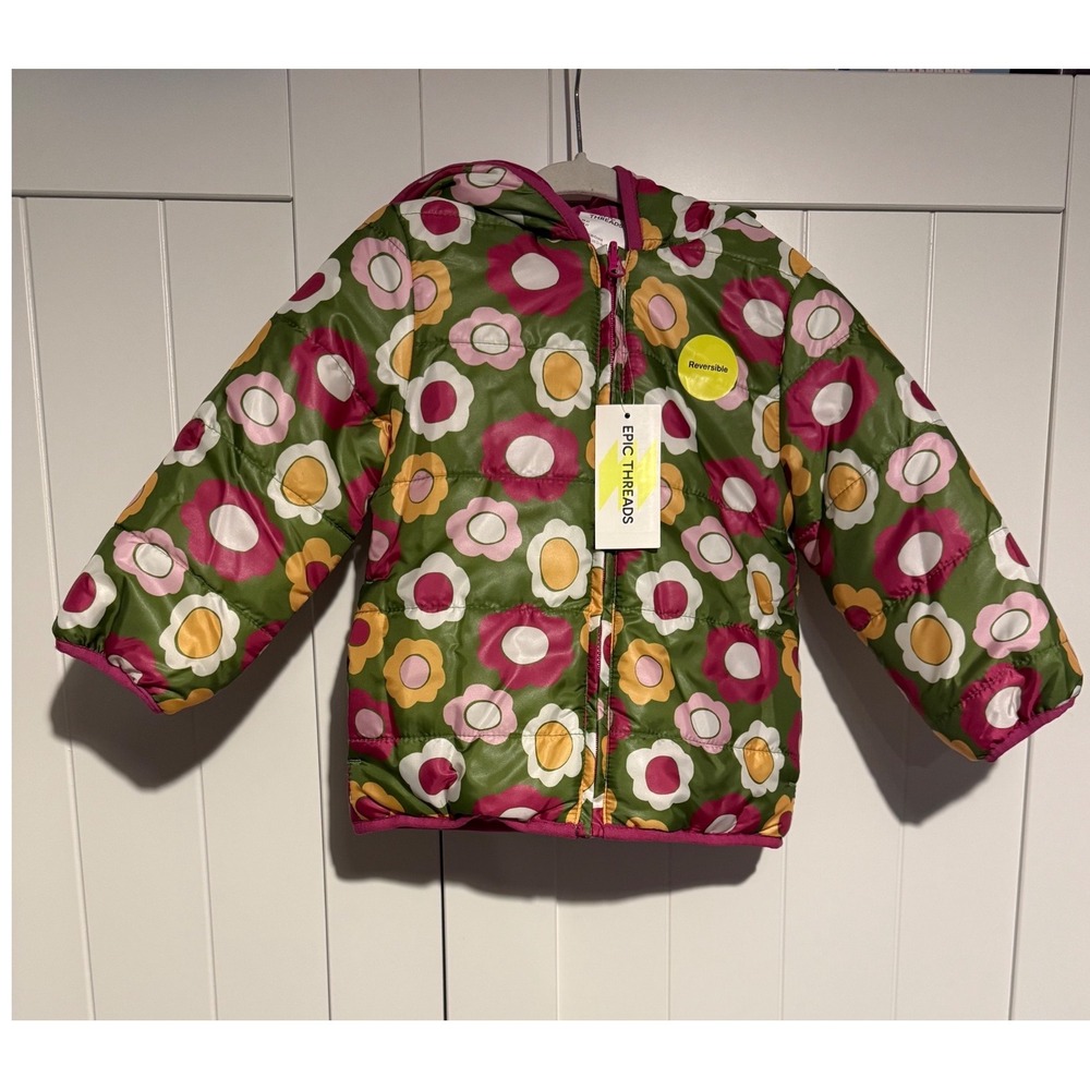 Epic Threads Kids Reversible Puffer Jacket Floral Print Size‎ 2T Pink Green